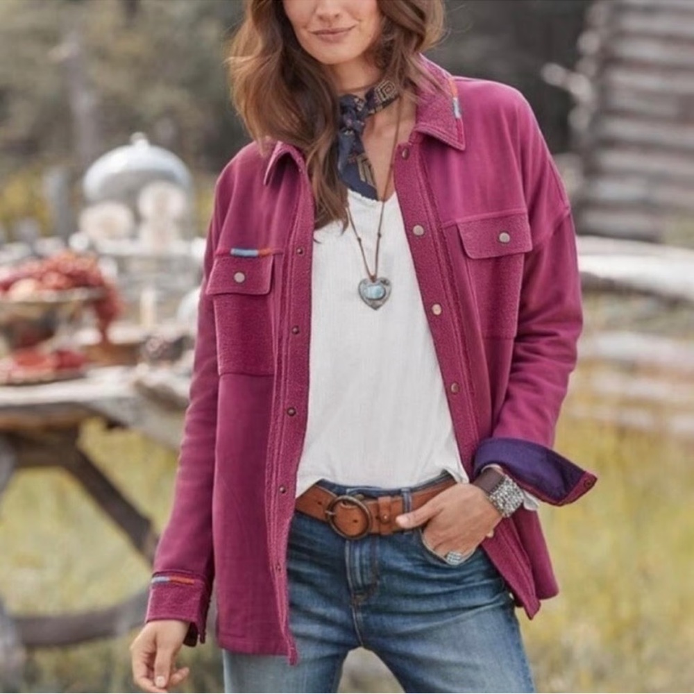 Sundance Maude 100% Cotton Shirt Jacket Pink Snap Button Shacket Embroidered L